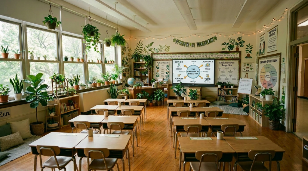 Classroom with student desks and a blackboard decorated with plants and 'Our Learning Greenhouse' display